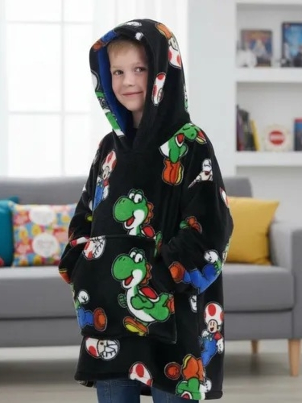 Black Kids Hooded Plush Pajama Pullover with Green Character Print